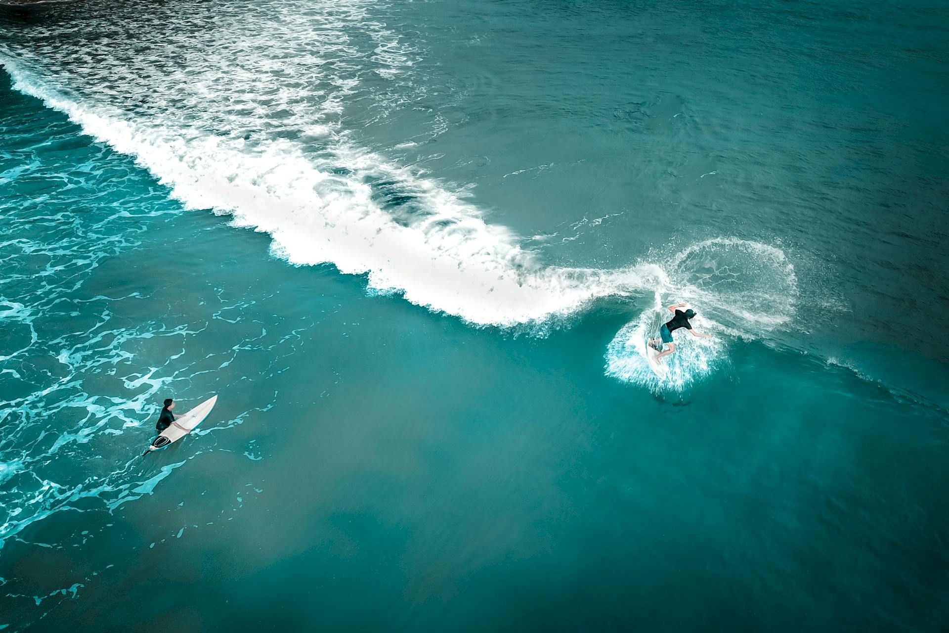 Two surfers ride a foamy green ocean wave&mdash;one drops in near the right, while another paddles left as surf breaks.
