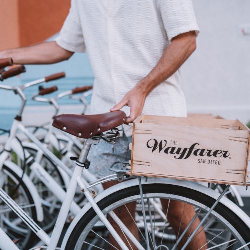 A person stands beside a vintage-style bicycle with a wooden crate labeled &ldquo;Wayfare&rdquo; on the rear, in front of pastel-colored buildings.
