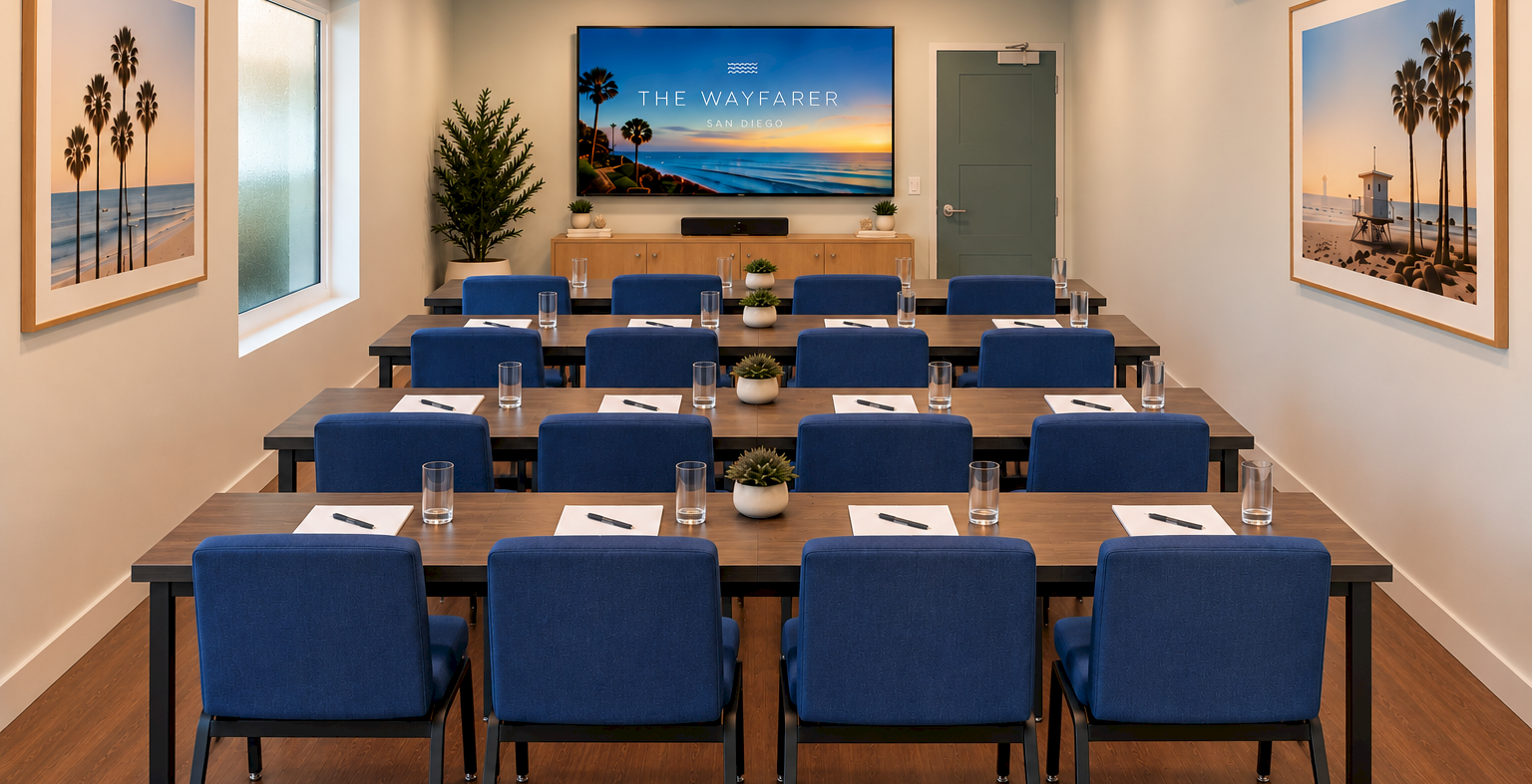 Modern conference room with blue upholstered chairs, wooden tables, place settings, plants, and beach-themed wall artwork.