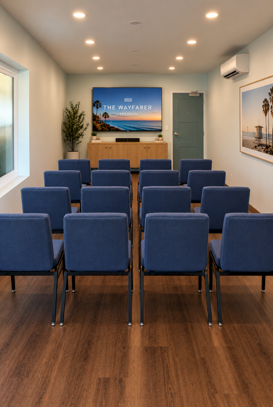 A modern meeting room with rows of blue chairs, a wooden console, and a TV displaying &ldquo;The Wayfarer&rdquo; in San Diego, with artwork on walls.